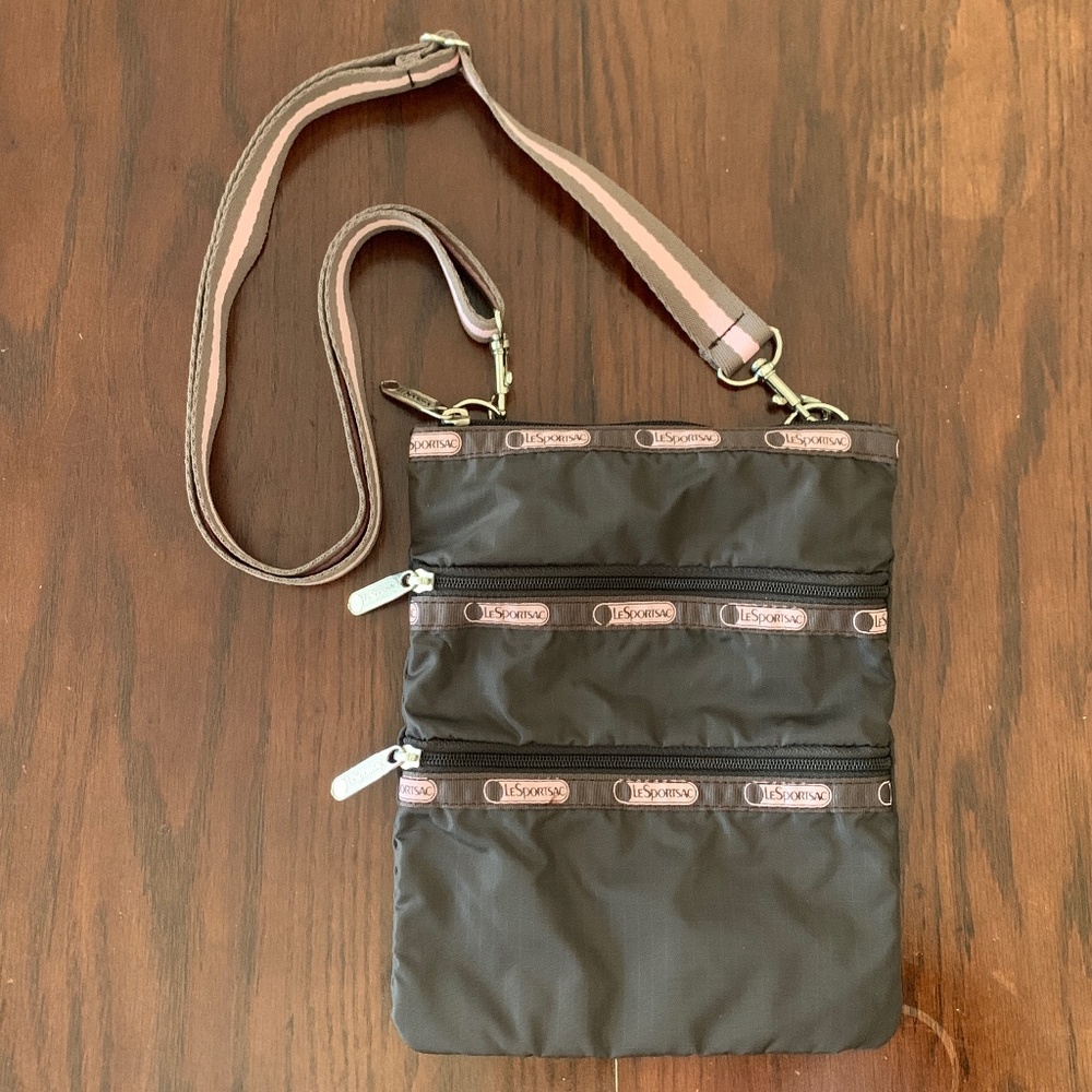 Vintage LeSportSac Small 3-Zip Crossbody Bag Brown/Pink